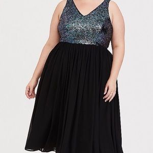 “Torrid” Black Sequin Chiffon Skater Midi Dress